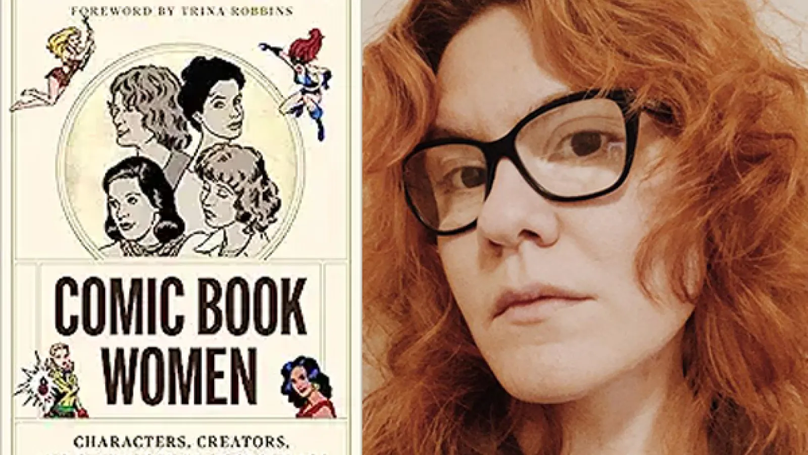 Comic Book Women book cover on left side and photo of Sydney Heifler on the right side
