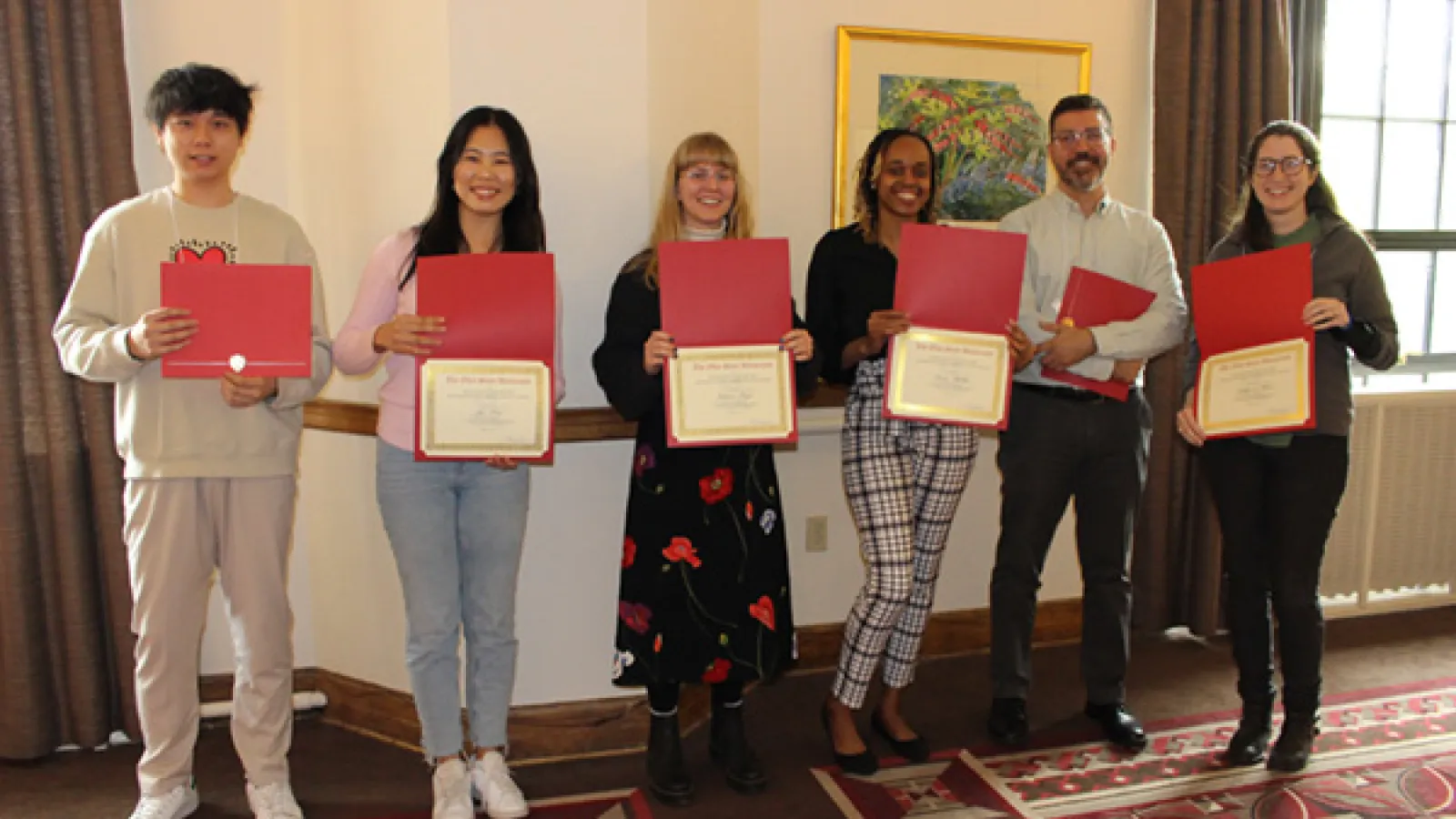 Recipients of the Retrieving the American Past Award, Cruz Guan, Jin Kim, Victoria Paige, Sierra Phillips, and Katherine Weiss with Clayton Howard.