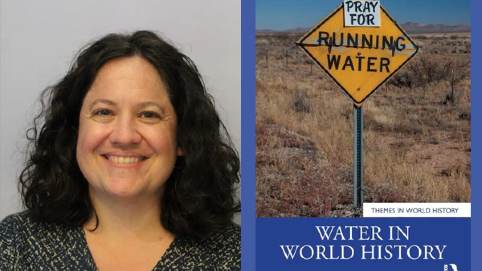 Ellen Arnold and book cover of desert with sign that reads Running Water with paper over those words that read Pray for