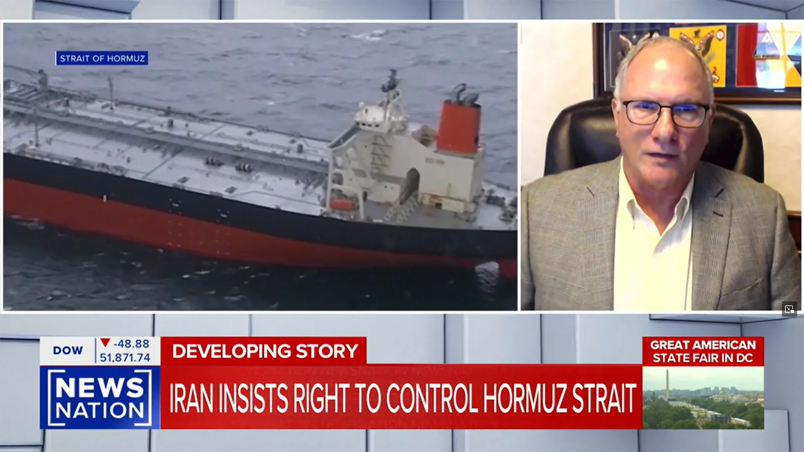 News broadcast multi-image screen shwoing Peter Mansoor and a cargo vessel in the Strait of Hormuz