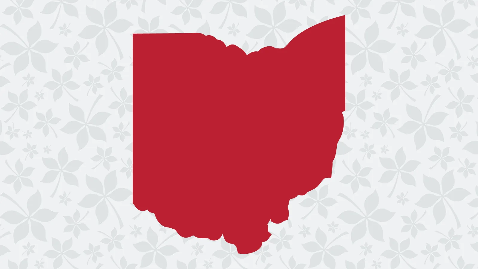 The shape of the state of Ohio in scarlet on a field of gray buckeye leaves