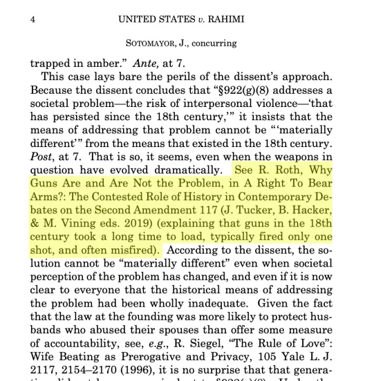 text of Rahimi opinion written by Justice Sotomayor with reference to Randy Roth's research highlighted in yellow