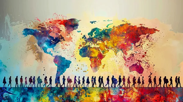 a map of the world and a row of people walking
